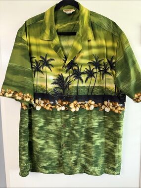 VTG 2XL Winnie Fashion Green Tropical Palm Aloha Shirt - Made In Hawaii